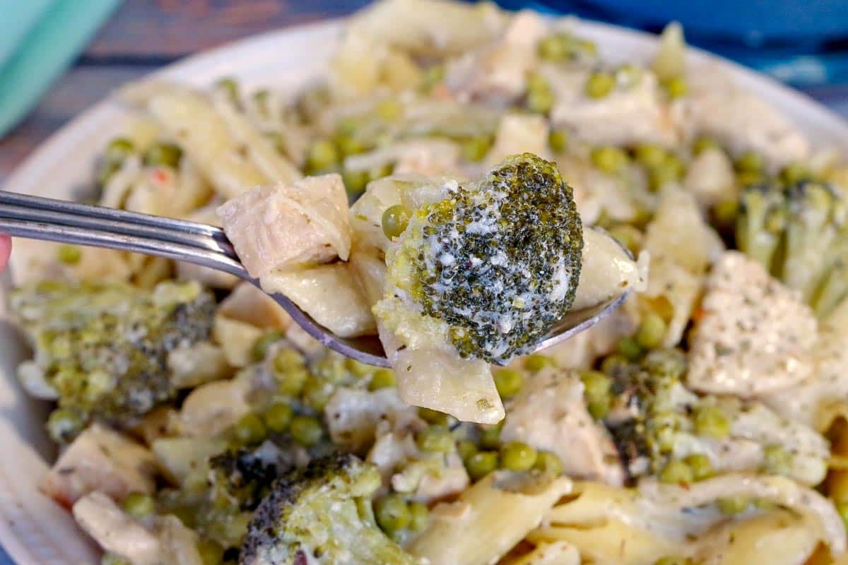 Weight Watchers Chicken Pasta with broccoli being held up on a spoon.