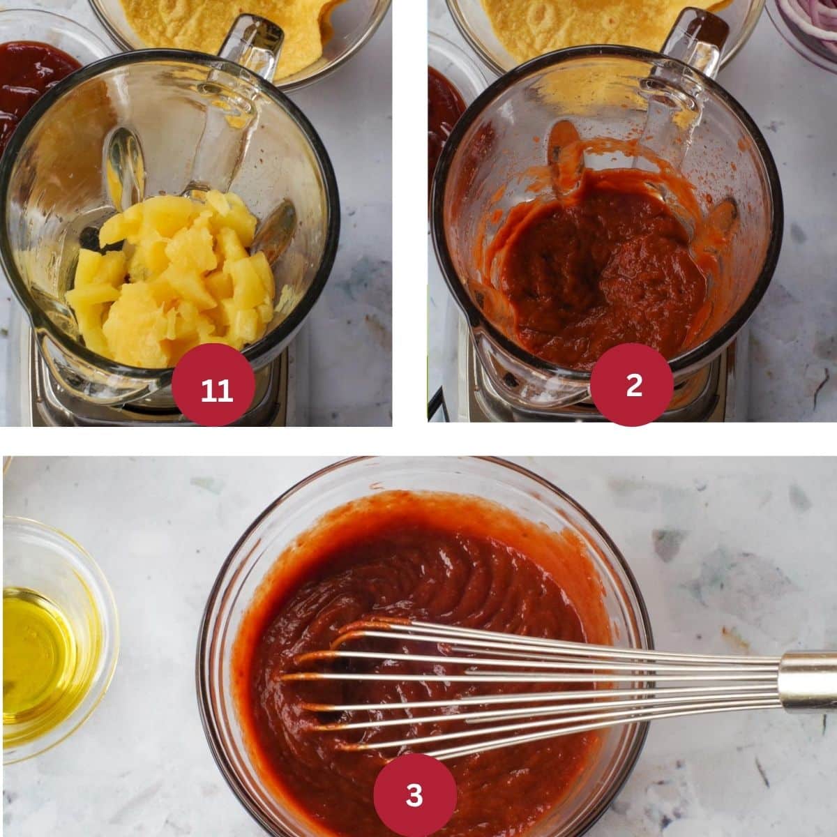 3 photos of pineapple pork carnita sauce being made.