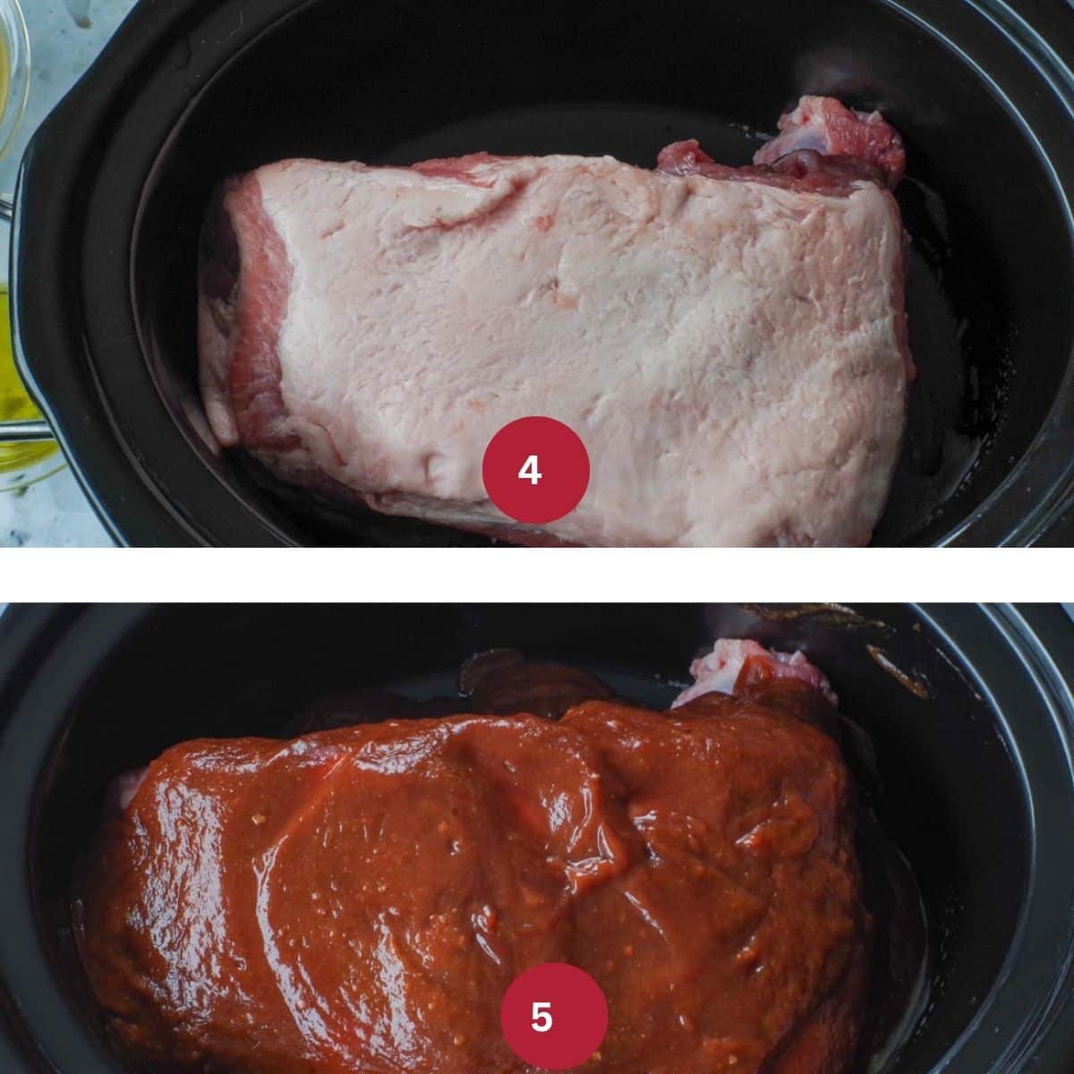 Collage of 2 photos of pork being prepared for slow cooking to make Pineapple Carnitas.