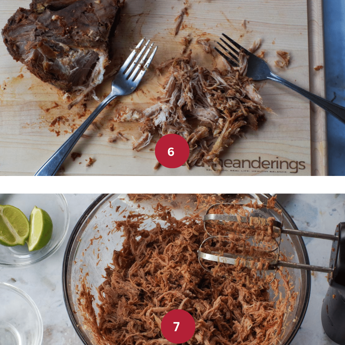 2 photo collage of pork being shredded by hand with forks, in the top photo and with a mixer in the bottom photo.