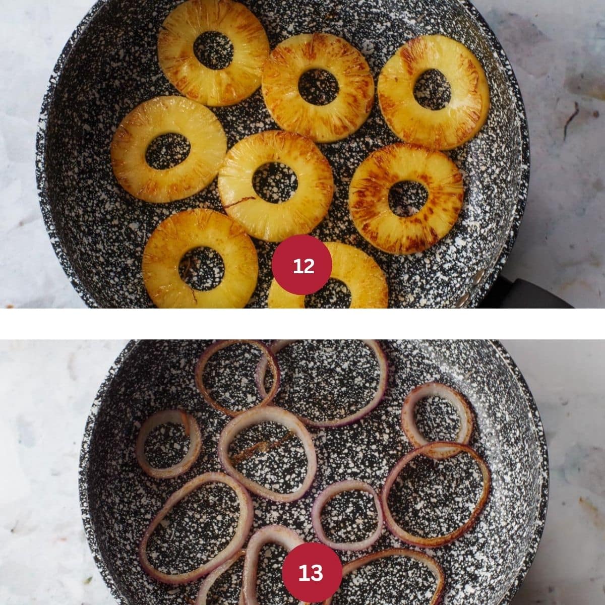 Collage of 2 photos of grilled veggies being made for pork pineapple carnitas. Top photo is grilled pineapple and bottom is grilled onions.