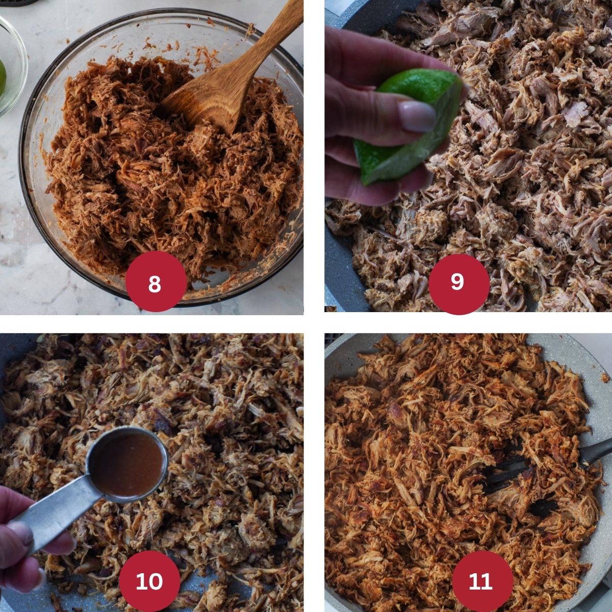 Collage of 4 photos of pork being crisped in the frying pan.