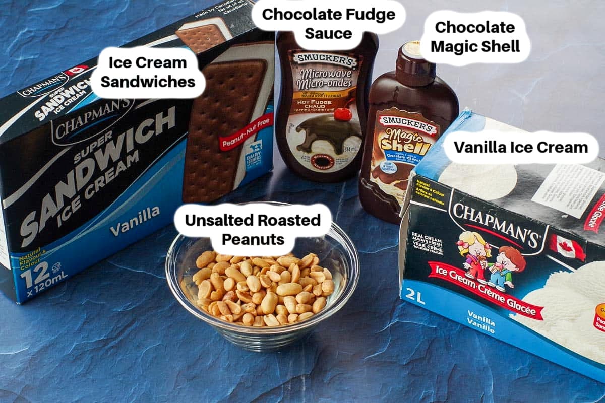 Ingredients for Buster Bar ice cream cake labelled.