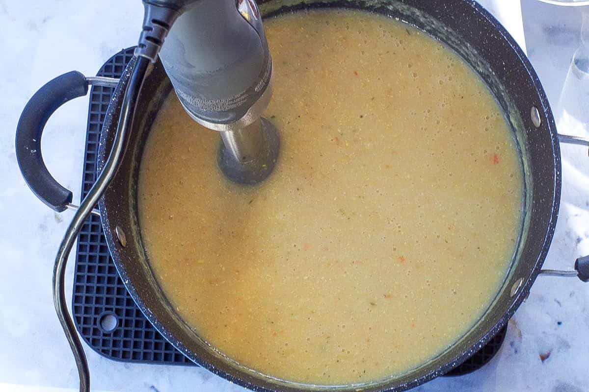 Immersion blender blending the soup mxiture.