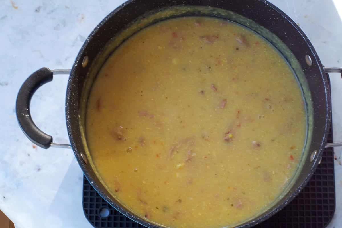 Soup with turkey bacon and remaining corn added back into the pot for texture.