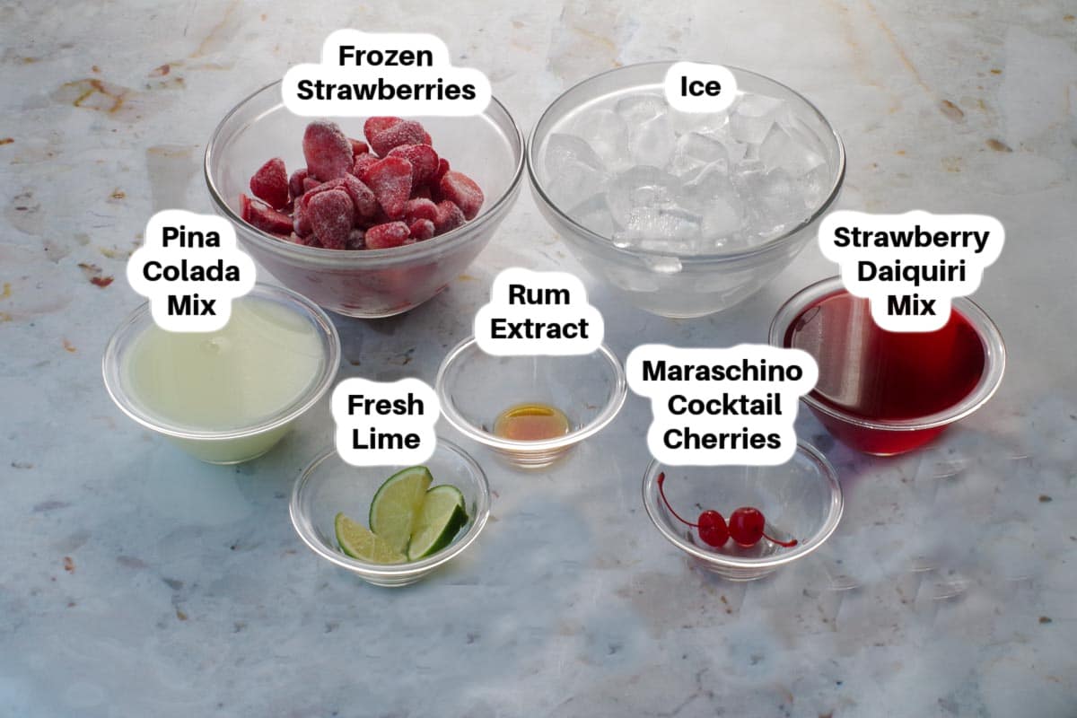 Ingredients in a Miami Vice Mocktail in glass bowls, labelled