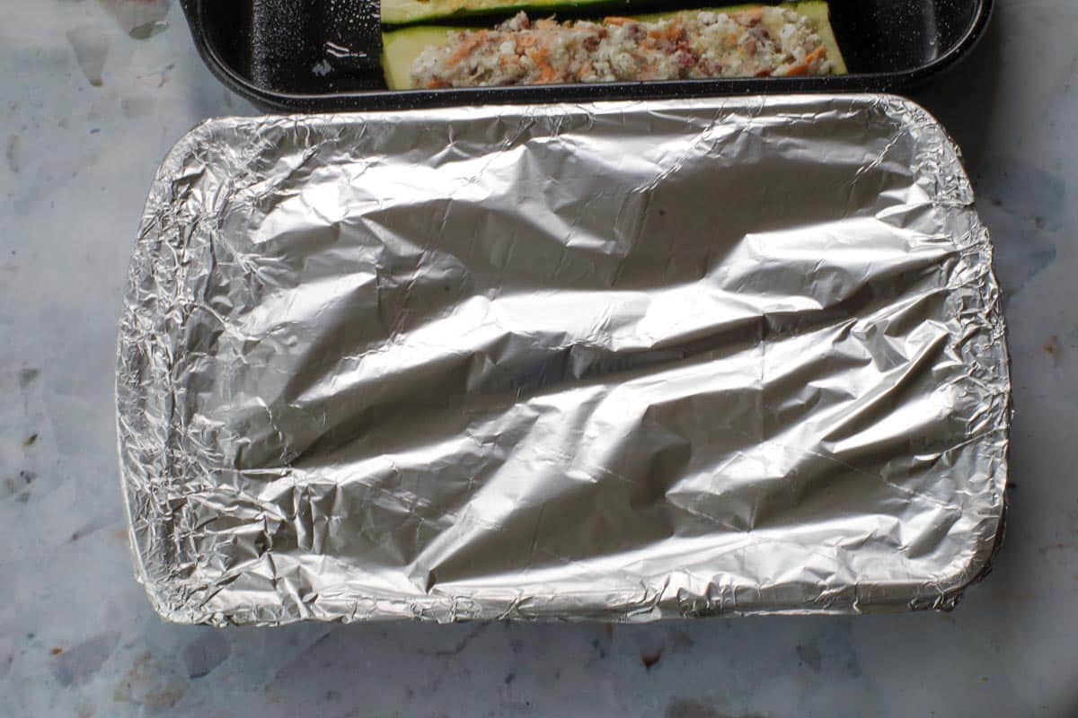 Baking dish covered with foil.