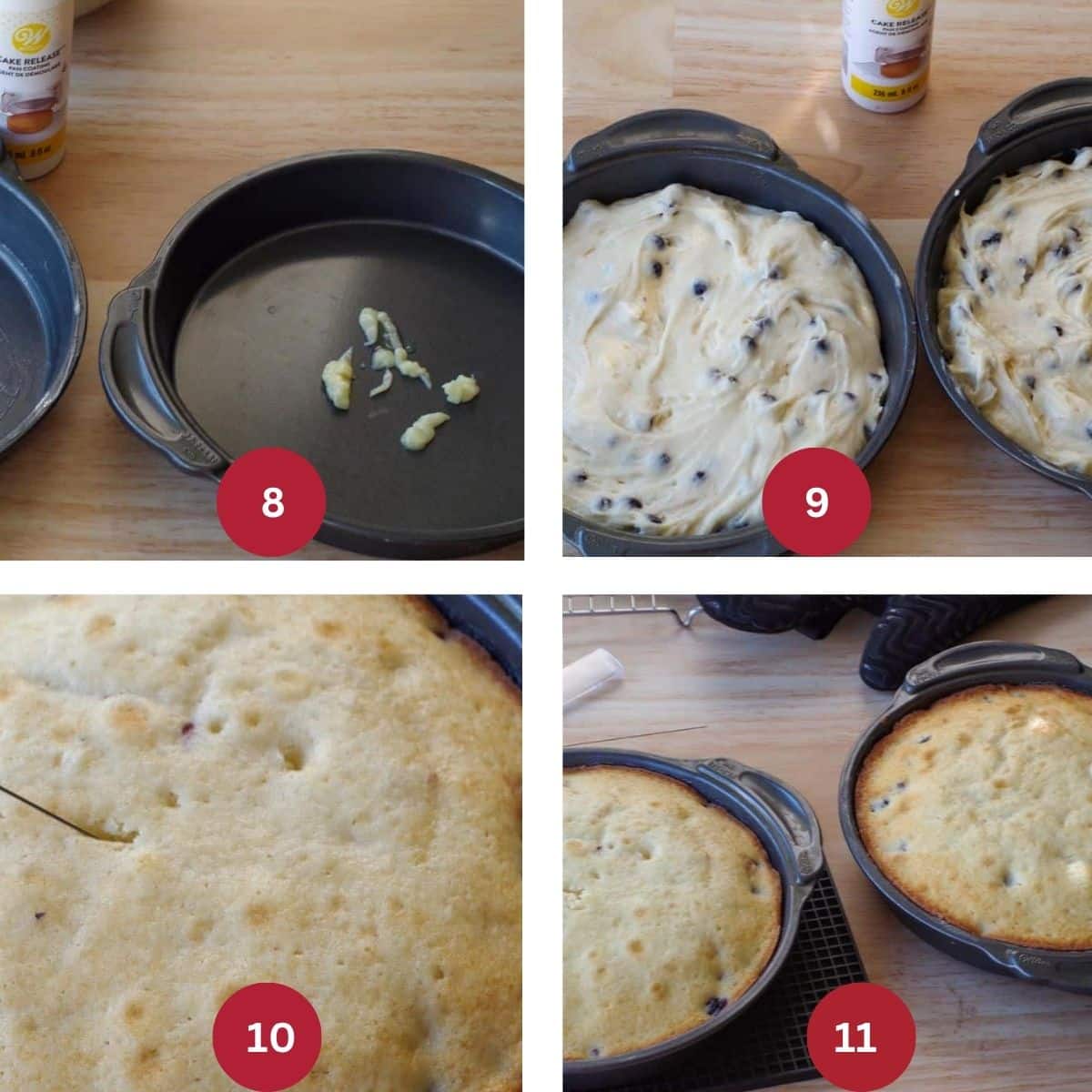 Collage of 4 photos of Saskatoon berry caked being baked.