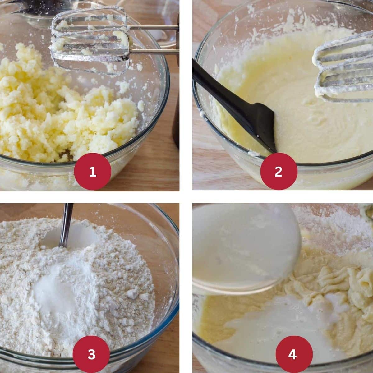 Collage of 4 photos of cake batter being made.