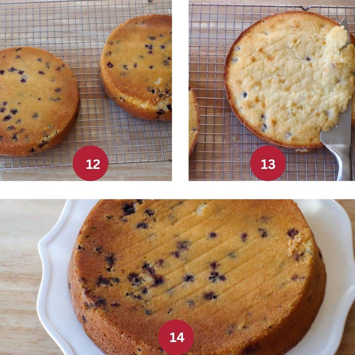 Collage of 3 photos of cake being cooled and leveled for decorating.