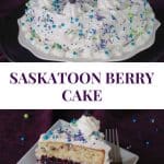 Pin with 2 photos of Saskatoon Berry Cake. The top one is the whole cake and the bottom is a slice.