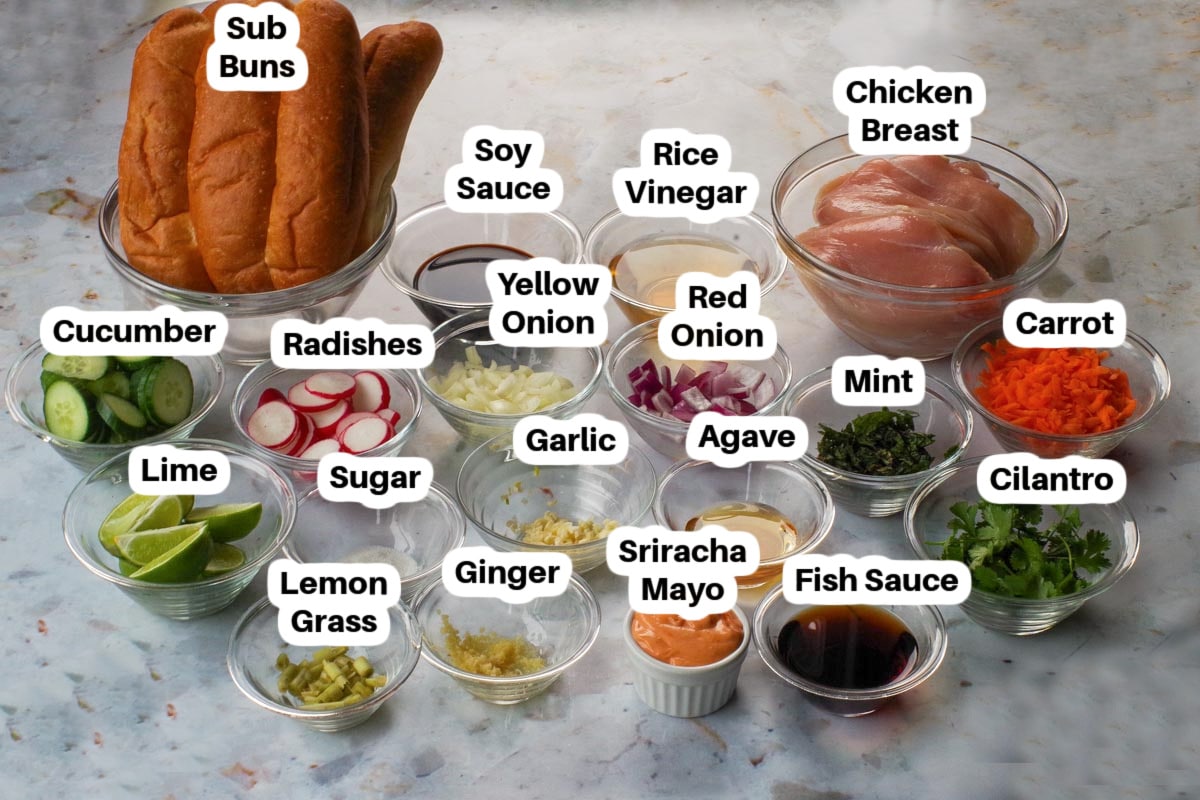 Ingredient s in Chicken Banh Mi Sandwiches in glass bowls, labelled.
