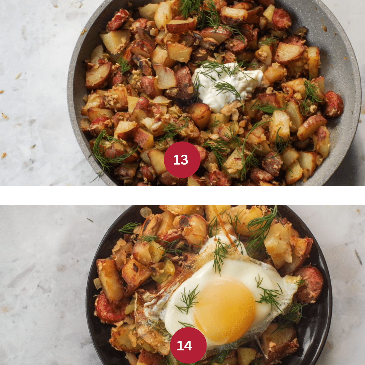 Collage of 2 photos of Ukrainian Breakfast Hash being garnished with sour cream and dill and egg (2nd photo).