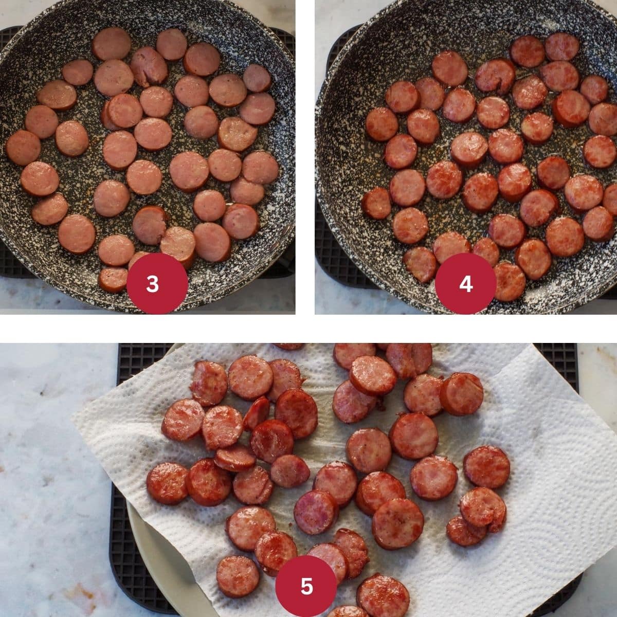 Collage of 3 photos of Ukrainian Sausage being cooked for Ukrainian Breakfast Sausage.