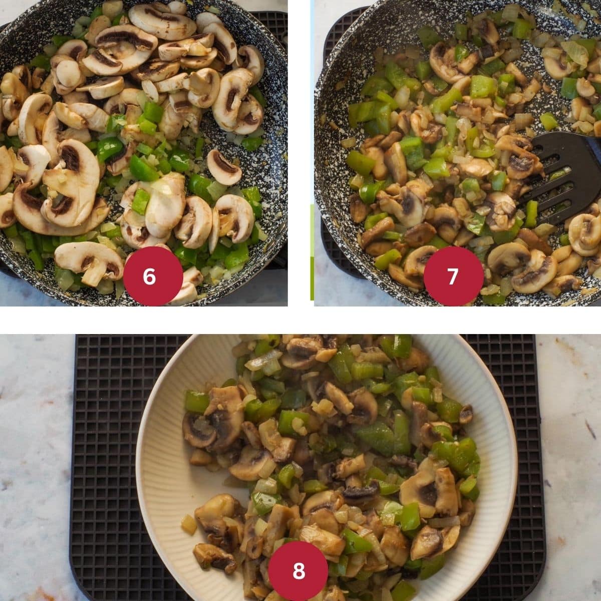 3 photos of vegetables being made for Ukrainian breakfast hash.
