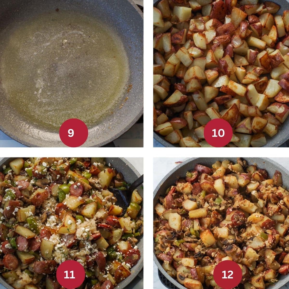 Collage of 4 photos of Ukrainian Breakfast Hash being cooked.