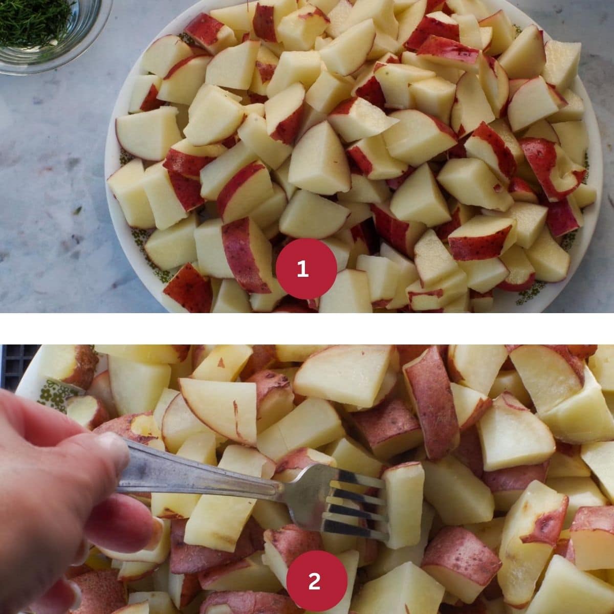 Collage of 2 photos of potatoes being cooked for Ukrainian breakfast hash.