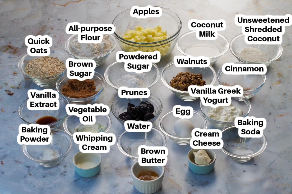 Ingredients in Apple Walnut Bread in glass bowls, labelled.