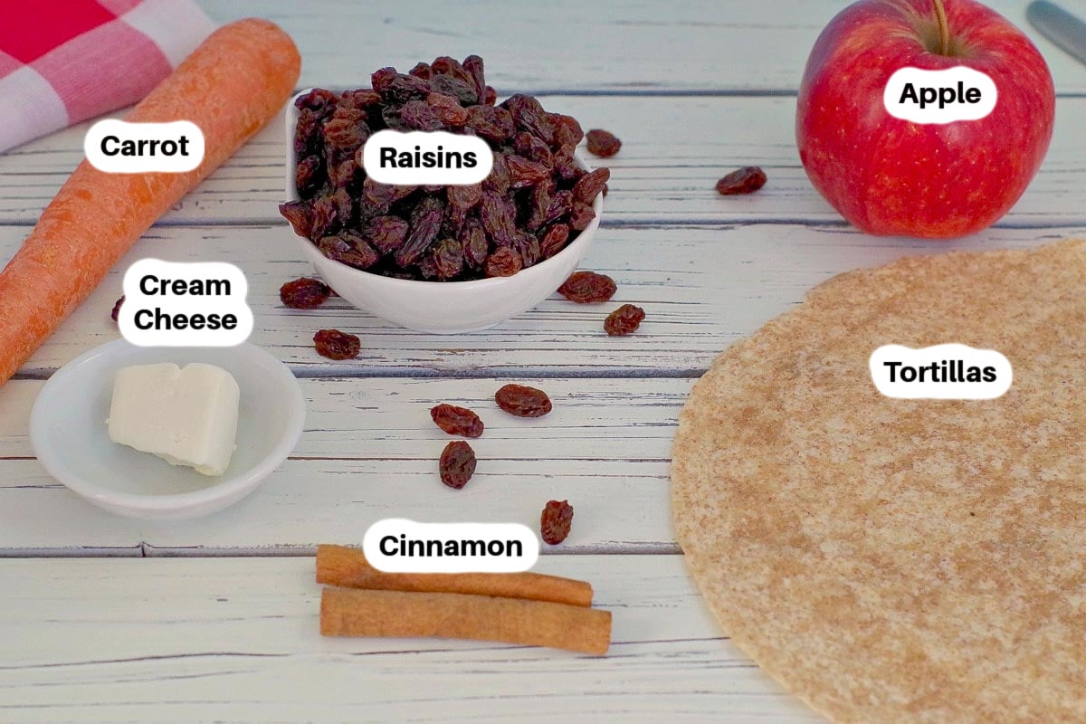 Ingredients in Cinnamon Raisin Tortilla Sushi on a faux white wooden surface, labelled.