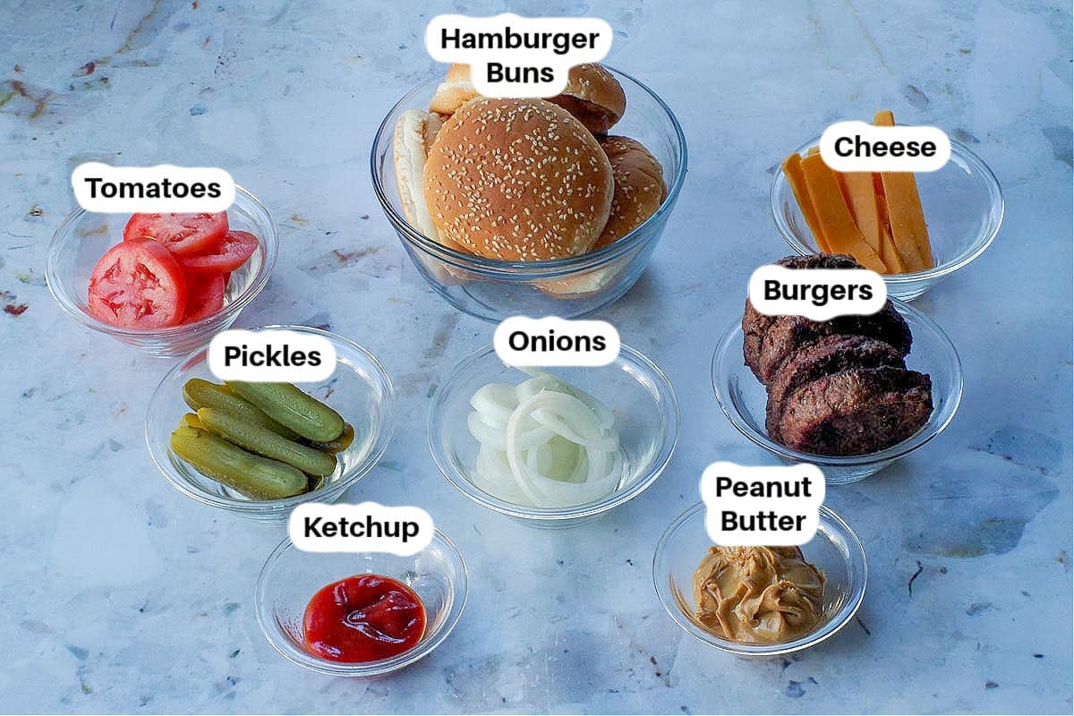 Ingredients in Goober burgers in glass bowls, labelled.