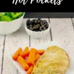 Pizza Hot Pocket on a white plate with carrots and black olives and spinach in the background.