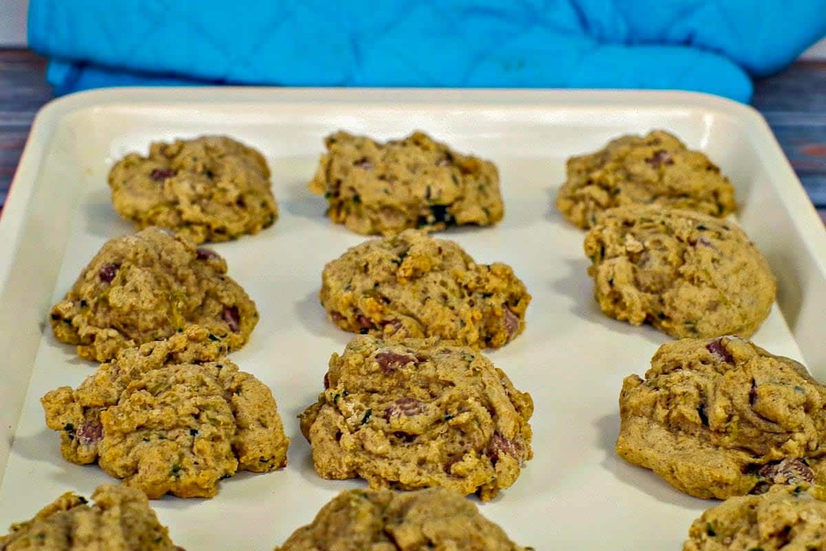 Healthy Chocolate Chip Zucchini cookies on a baking sheet.