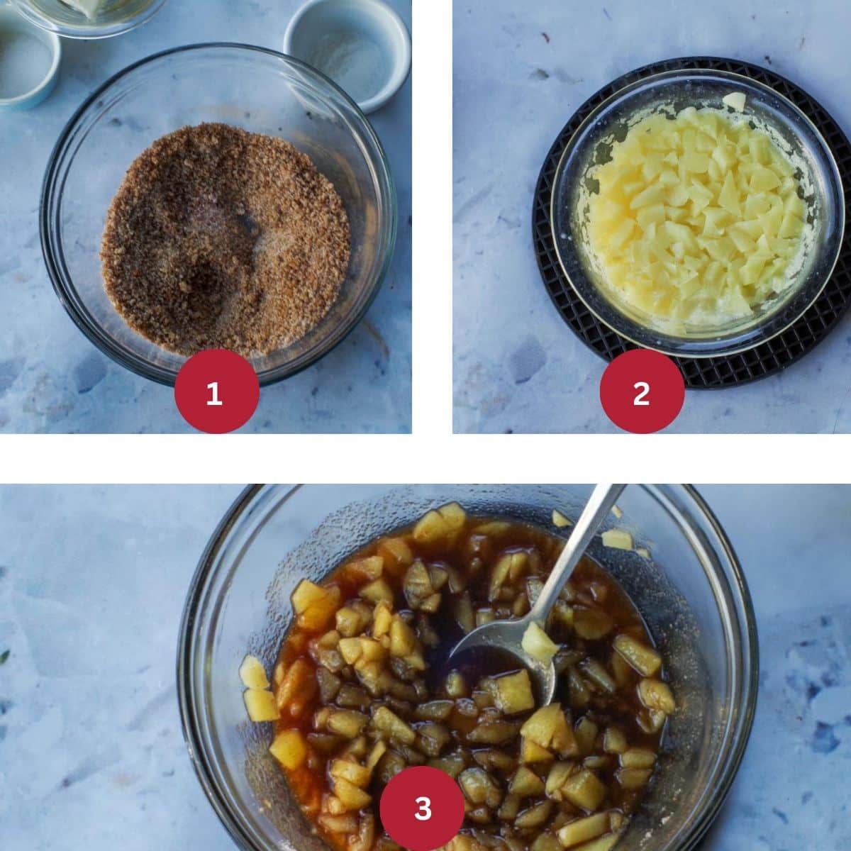 3 photo collage of Apple pie mixture being made for Toffee apple pie cookies