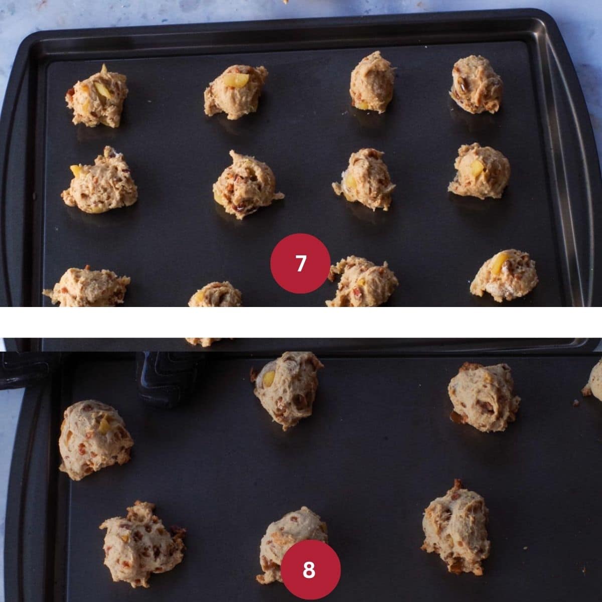 Collage of 2 photos of Apple pie cookies being baked.