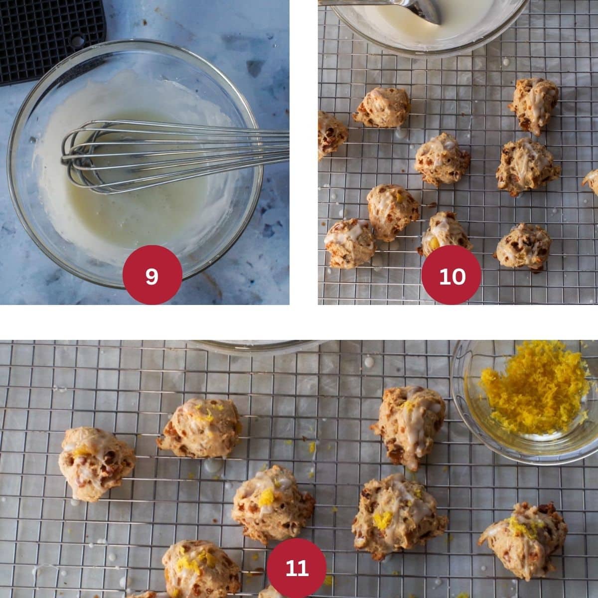 Collage of 3 photos of cookies being glazed and garnished.