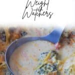 Weight Watchers Broccoli Cheese Soup being ladled out of a slow cooker.