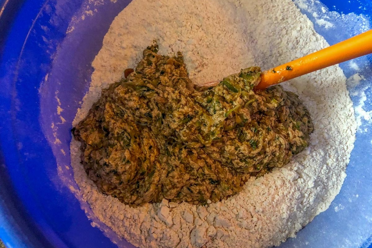 Wet ingredients added to dry ingredients.