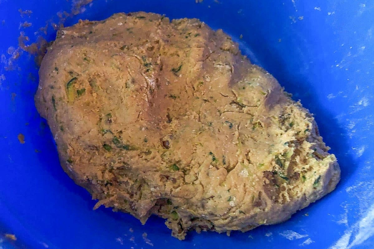 Chocolate chips folded into the zucchini chocolate chip cookie dough.