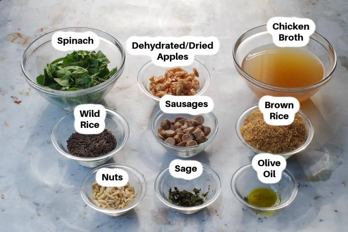 Apple Rice (with Sauage) ingredients in glass bowls, labelled.