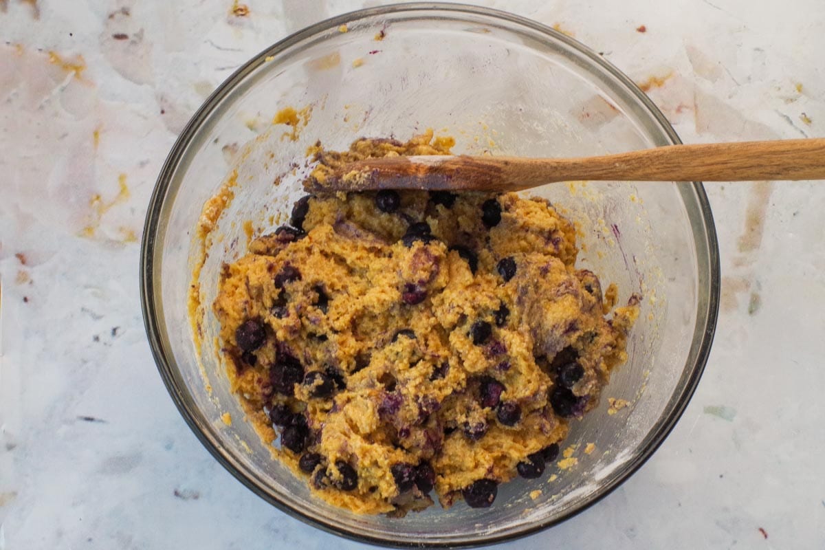 Blueberries added to batter.