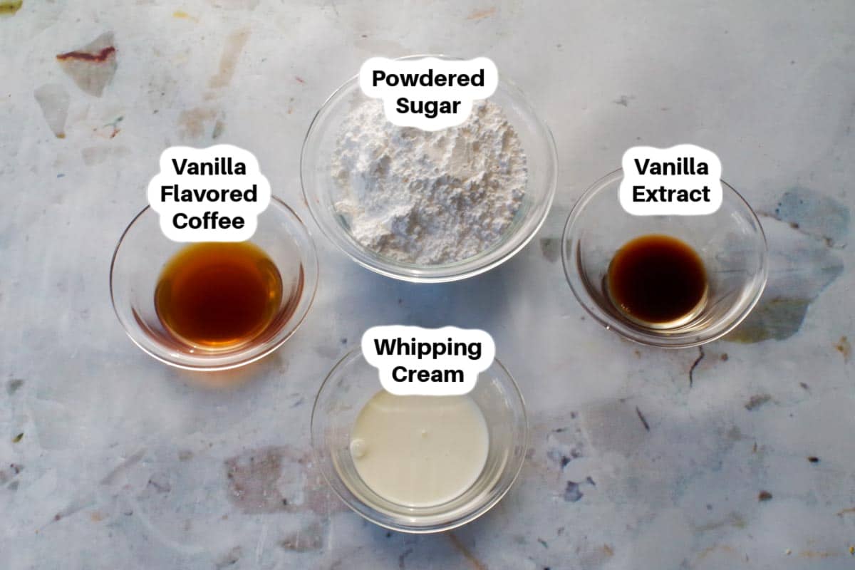 Ingredients in Bread Machine Apple Pie Cinnamon Buns Glaze. in glass bowls, labellled.