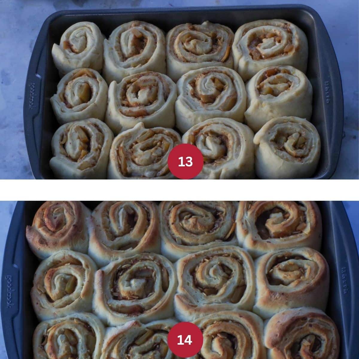2 photo collage of cinnamon rolls risen then baked.