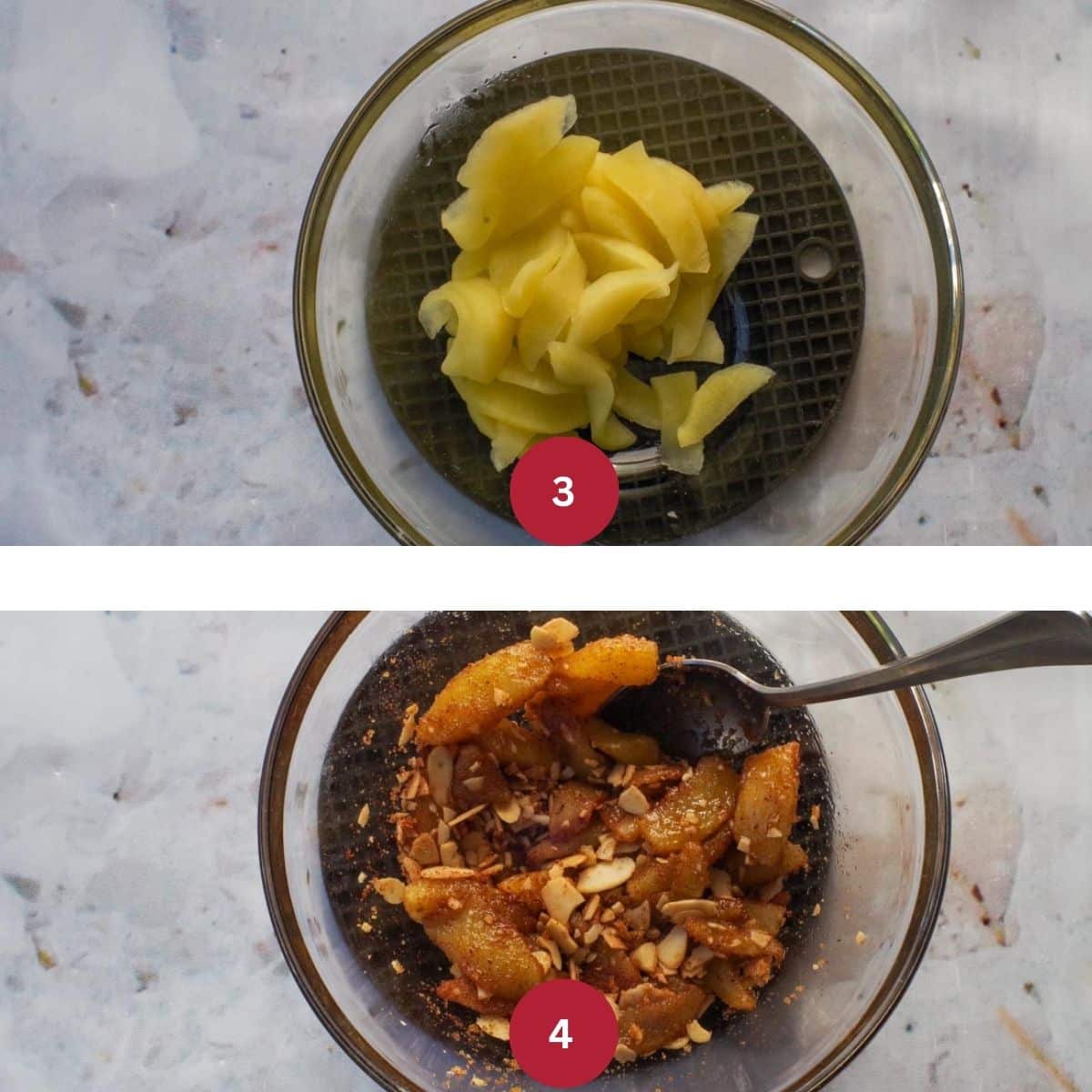 Collage of 2 photos of bread machine apple pie cinnamon bun filling being made.