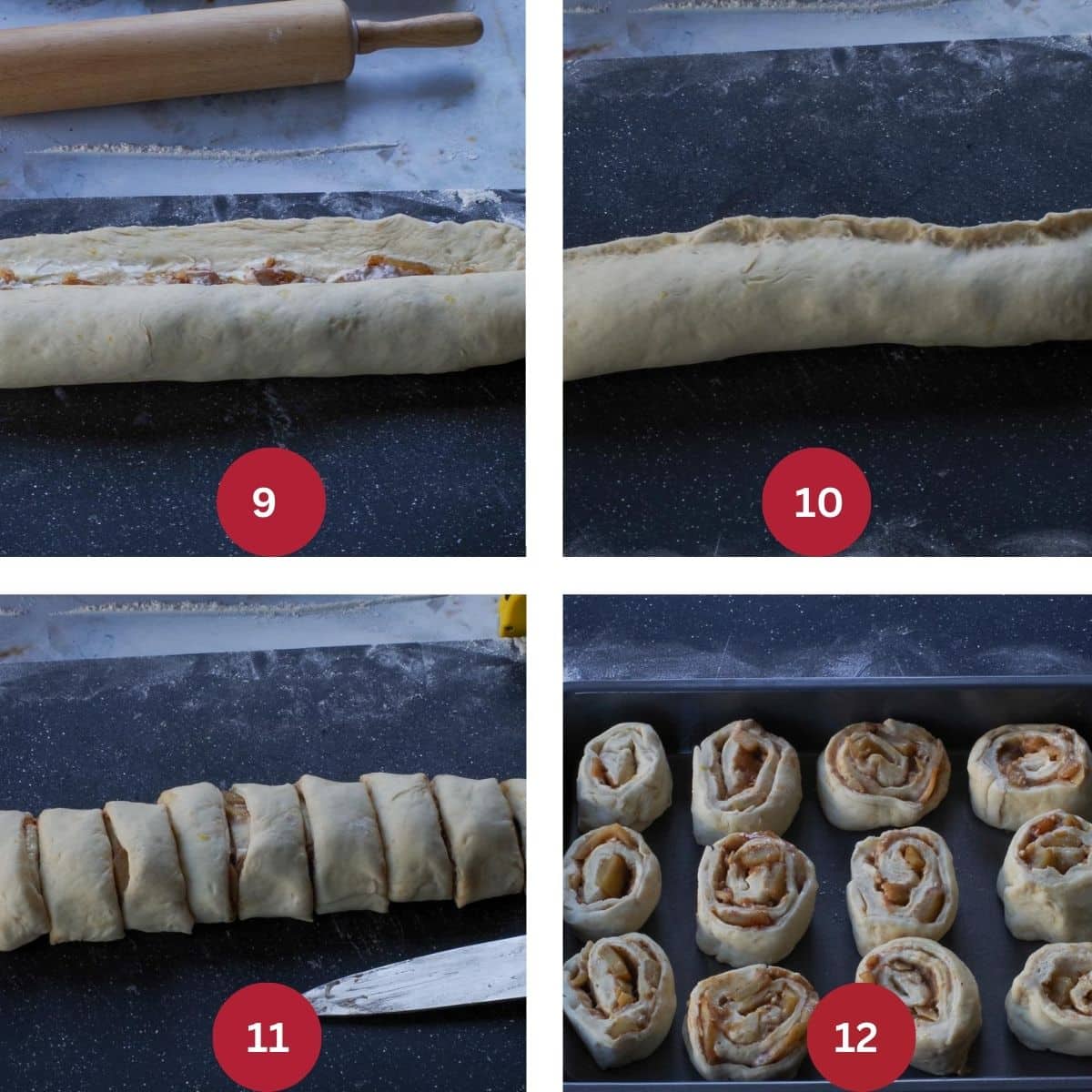 Collage of 4 photos of apple pie cinnamon buns being assembled.