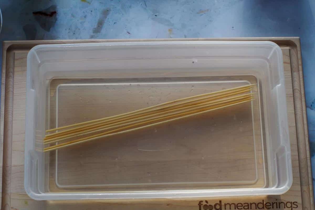 Skewers soaking in water for 10 minutes in plastic container.