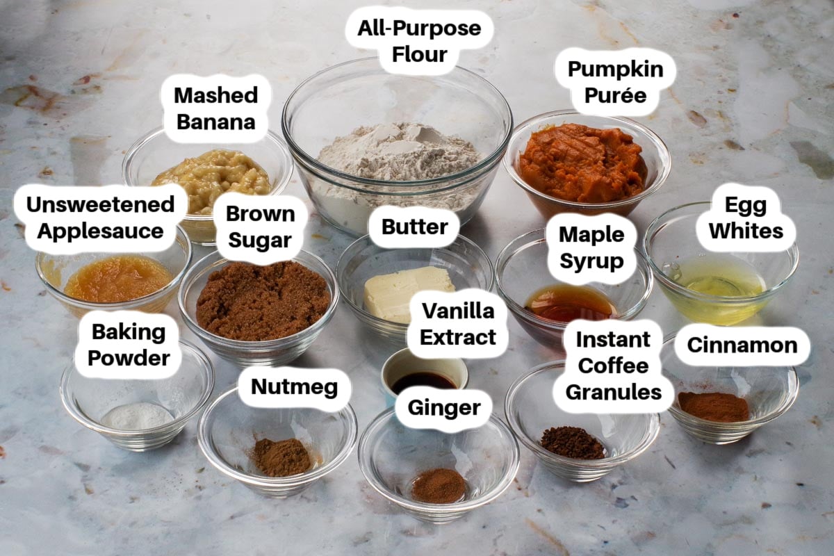 Ingredients in Pumpkin Pie Blondie Bites in glass bowls, labelled.