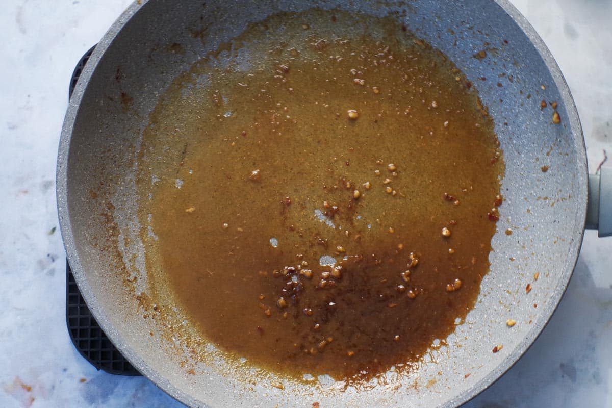 Sauce reduced in frying pan.