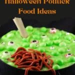 A pinterest pin with text on top and a photo of Witches brew Halloween Triflle