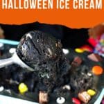 Boo Batter Black Halloween Ice Cream being scooped out of a pan.