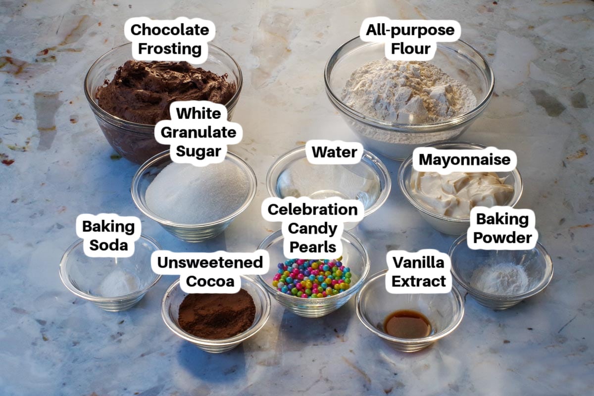Chocolate Mayonnaise Cake Ingredients in glass bowls, labelled.