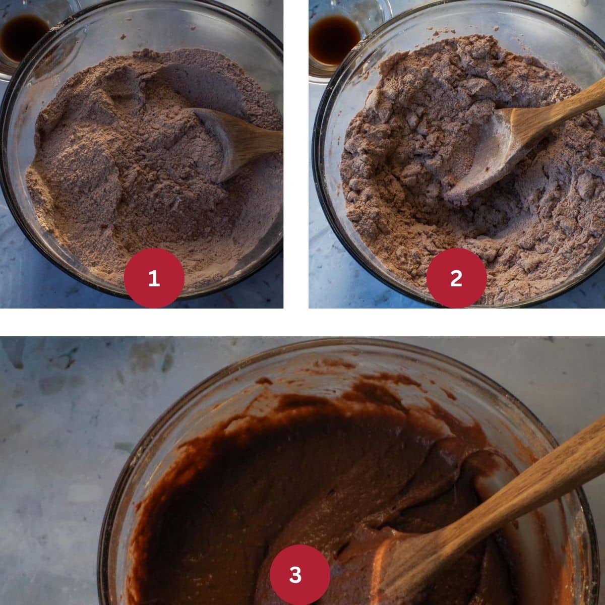Collage of 3 photos of Chocolate Mayonnaise cake batter being made