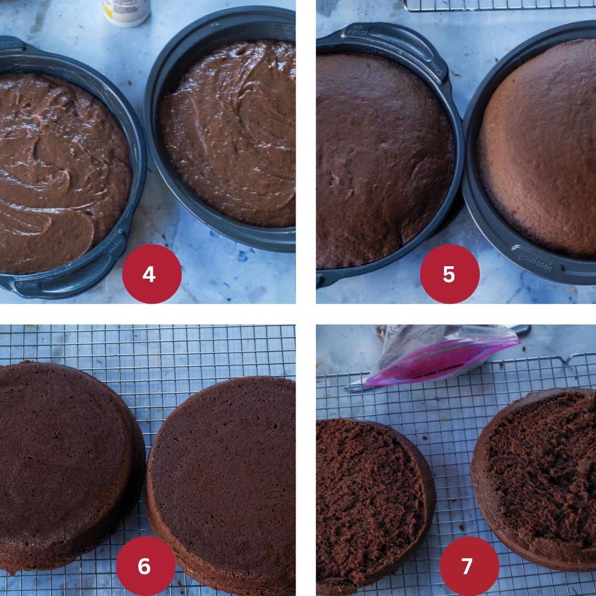 Collage of 4 photos of Chocolate Mayonnaise Cake being made.