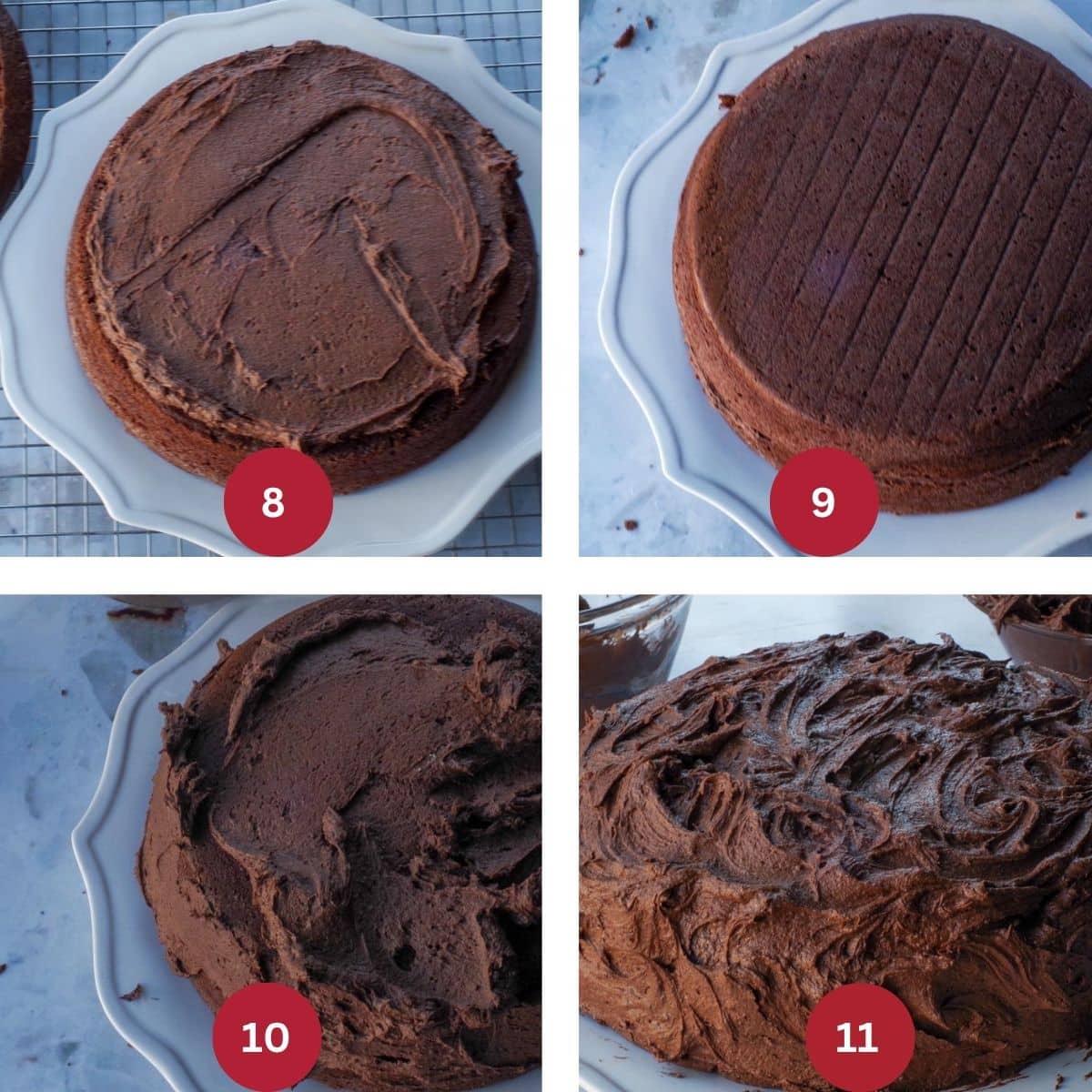 Collage of 4 photos of Chocolate Mayonnaise being assembled and frosted.