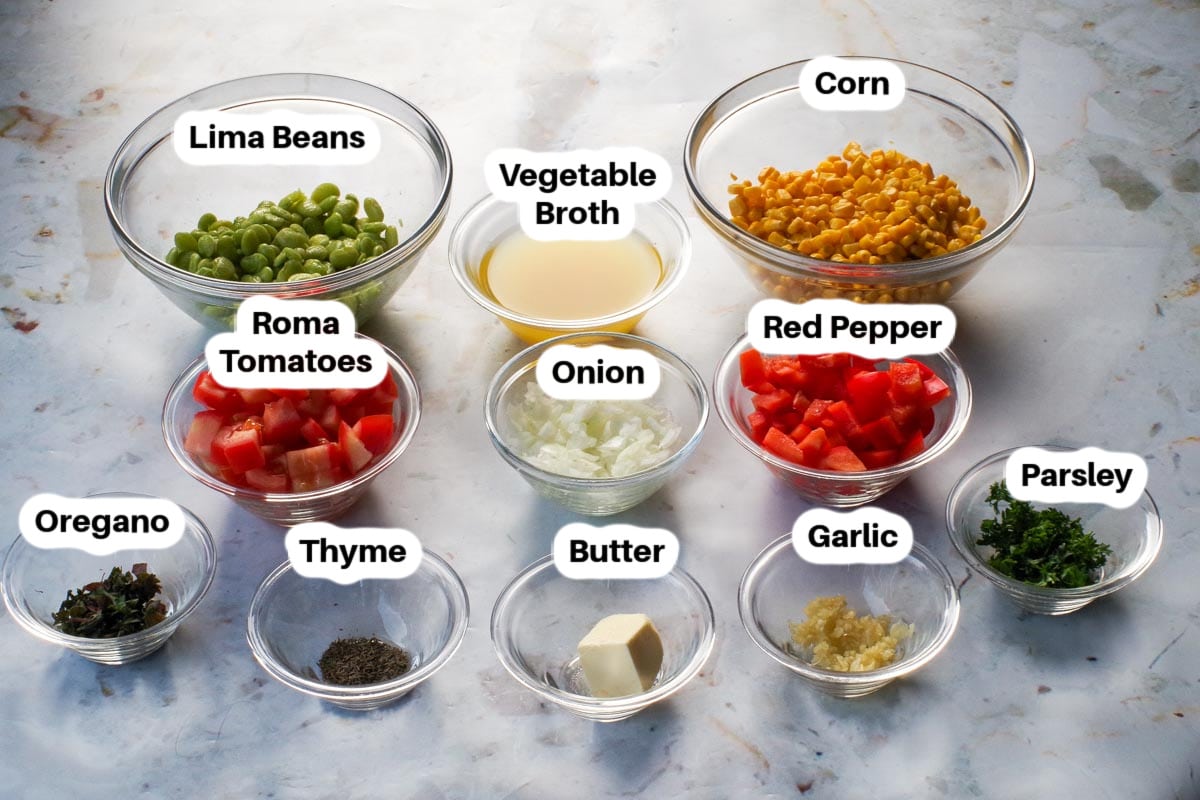 Corn succotash ingredients in glass bowls, labelled