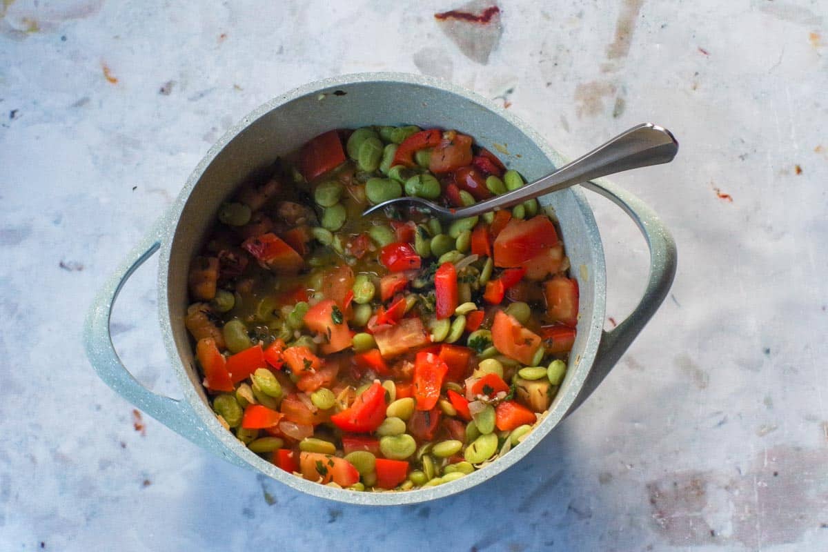 How succotash looks after sauteed over heat for 15 minutes.