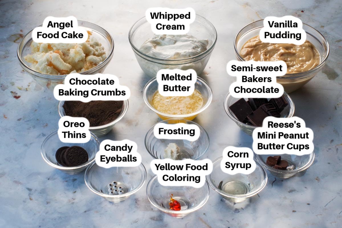 Ingredients in Boston Cream Pie Trifle in glass bowls, labelled.